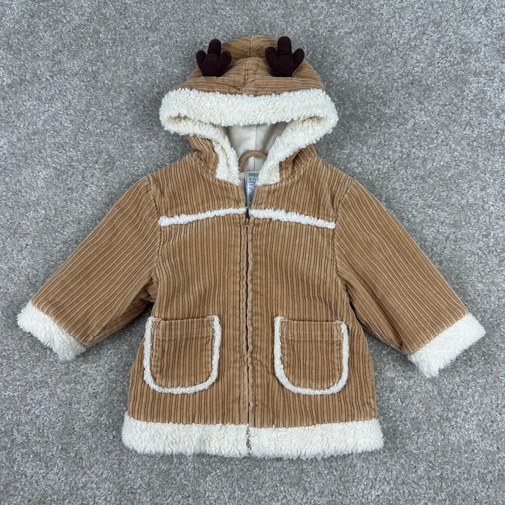 Vtg 2003 Gymboree Reindeer Corduroy Sherpa Jacket Tan Brown Cotton Hooded 9-12M